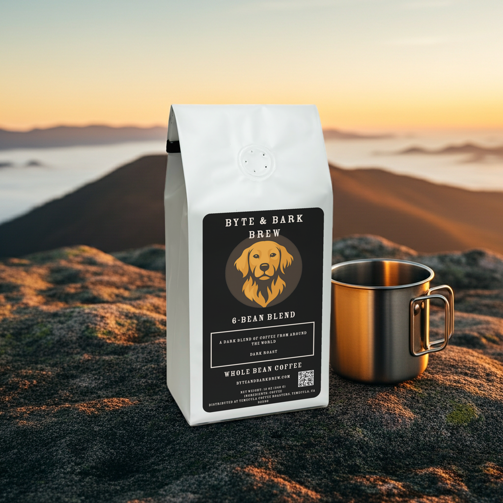 Alternate angle of Byte & Bark Brew 6-Bean Blend coffee bag with a metal hiking mug on a mountain rock formation — bold coffee for outdoor adventure.
