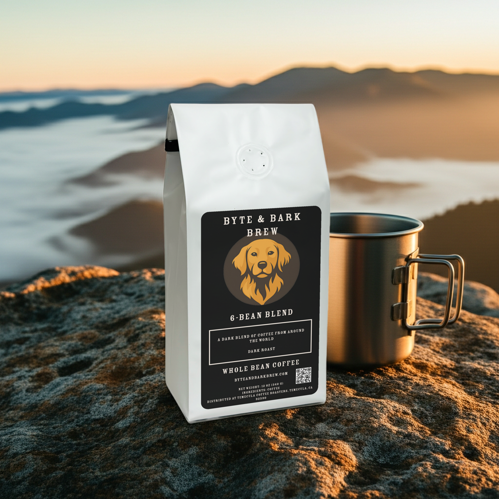 Byte & Bark Brew 6-Bean Blend coffee bag with a metal hiking mug on a mountain rock formation — bold flavor for adventurous spirits.
