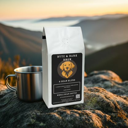 Byte & Bark Brew 6-Bean Blend coffee and mug on mountain rock, alternate angle.
