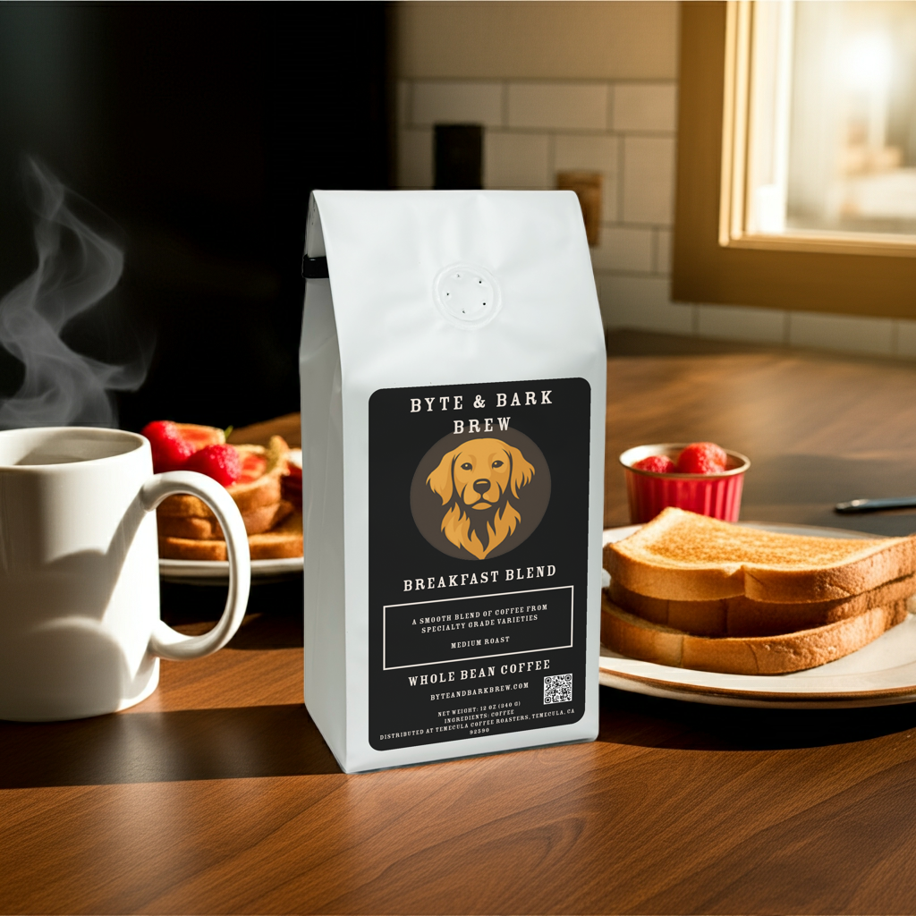 Bag of Byte & Bark Brew Breakfast Blend coffee on a kitchen counter with a cup of coffee, toast, jam, and strawberries — a cozy and colorful breakfast scene.