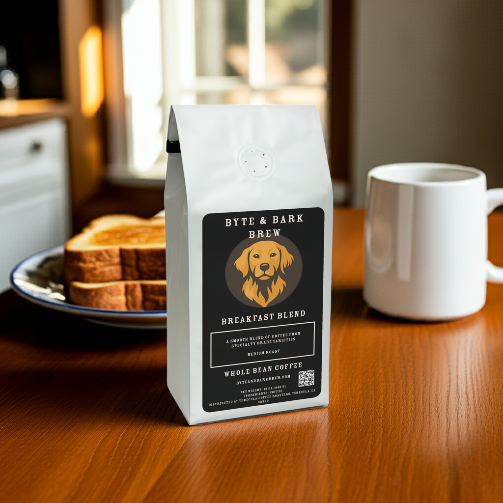 Morning kitchen scene featuring Byte & Bark Brew Breakfast Blend coffee, toast, and a steaming mug — simple moments brewed for comfort.