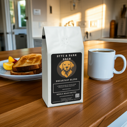 Byte & Bark Brew Breakfast Blend coffee in a kitchen with a mug of coffee and two slices of toast on a plate — a warm, comforting start to the day.