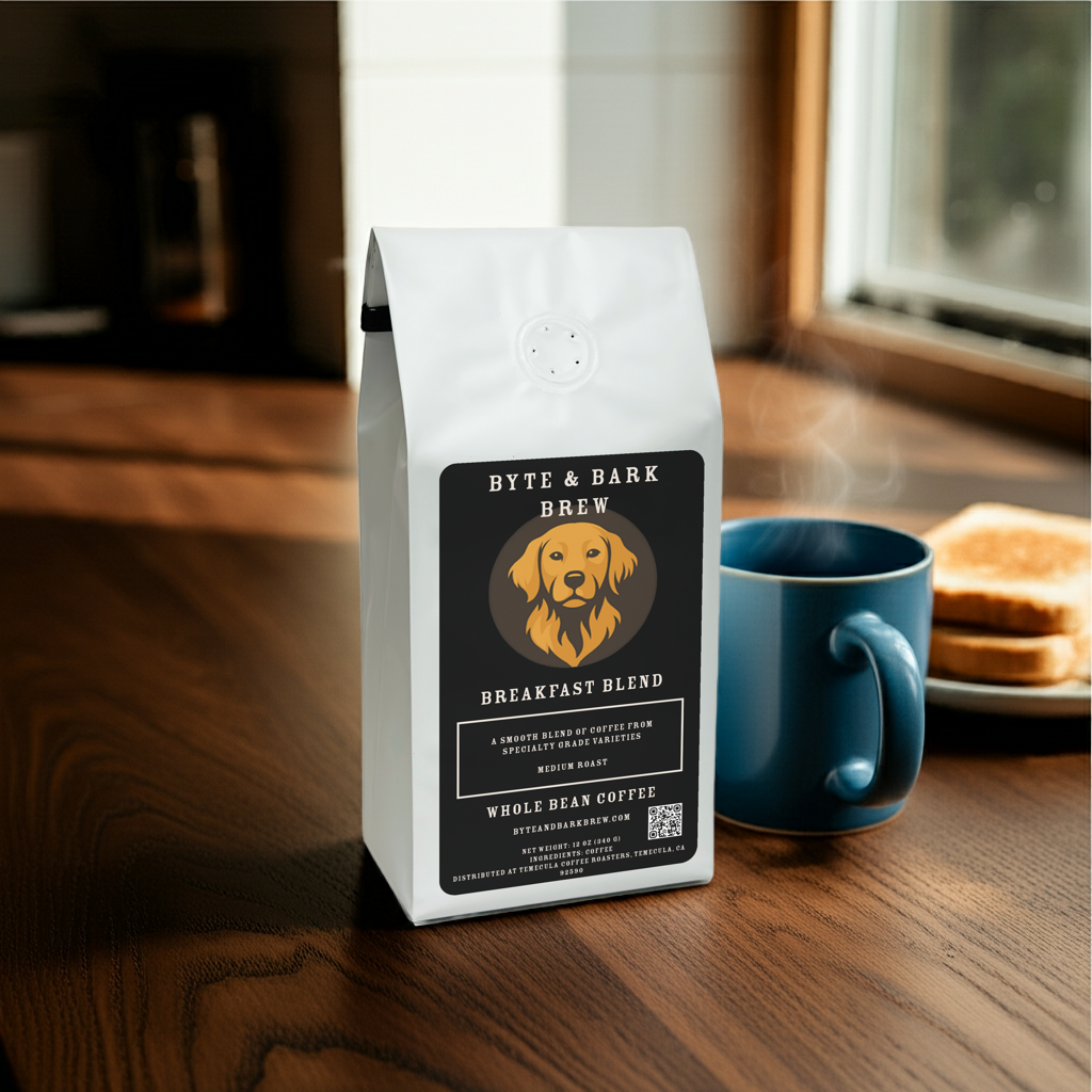 Byte & Bark Brew Breakfast Blend coffee displayed on a kitchen counter, surrounded by breakfast favorites — comfort and flavor in every cup.