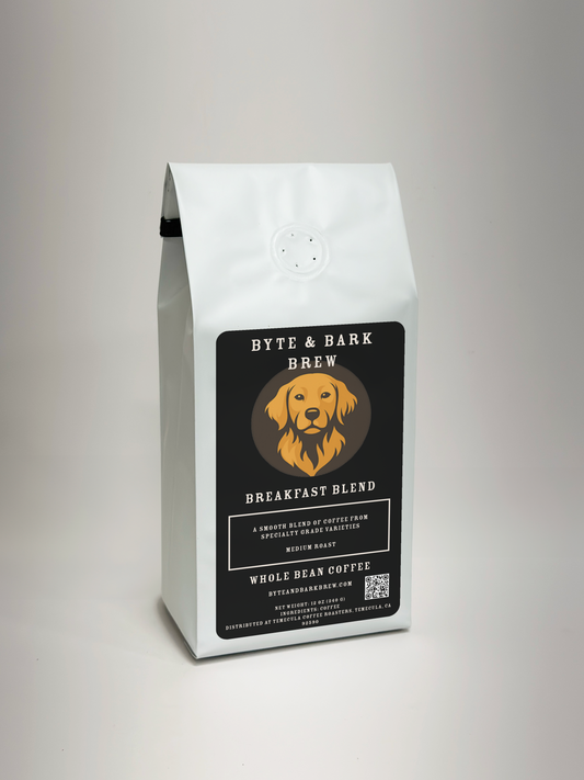 Byte & Bark Brew Breakfast Blend product label on the coffee bag — clean, warm design representing a smooth and comforting roast.
