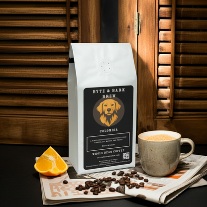 Bag of Byte & Bark Brew Colombia coffee, a smooth single-origin roast.