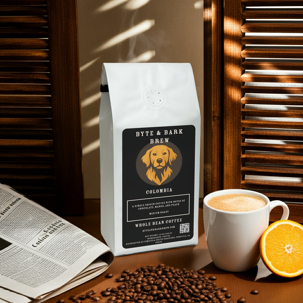 Byte & Bark Brew Colombia coffee with beans, cup of coffee, and newspaper on dark table.