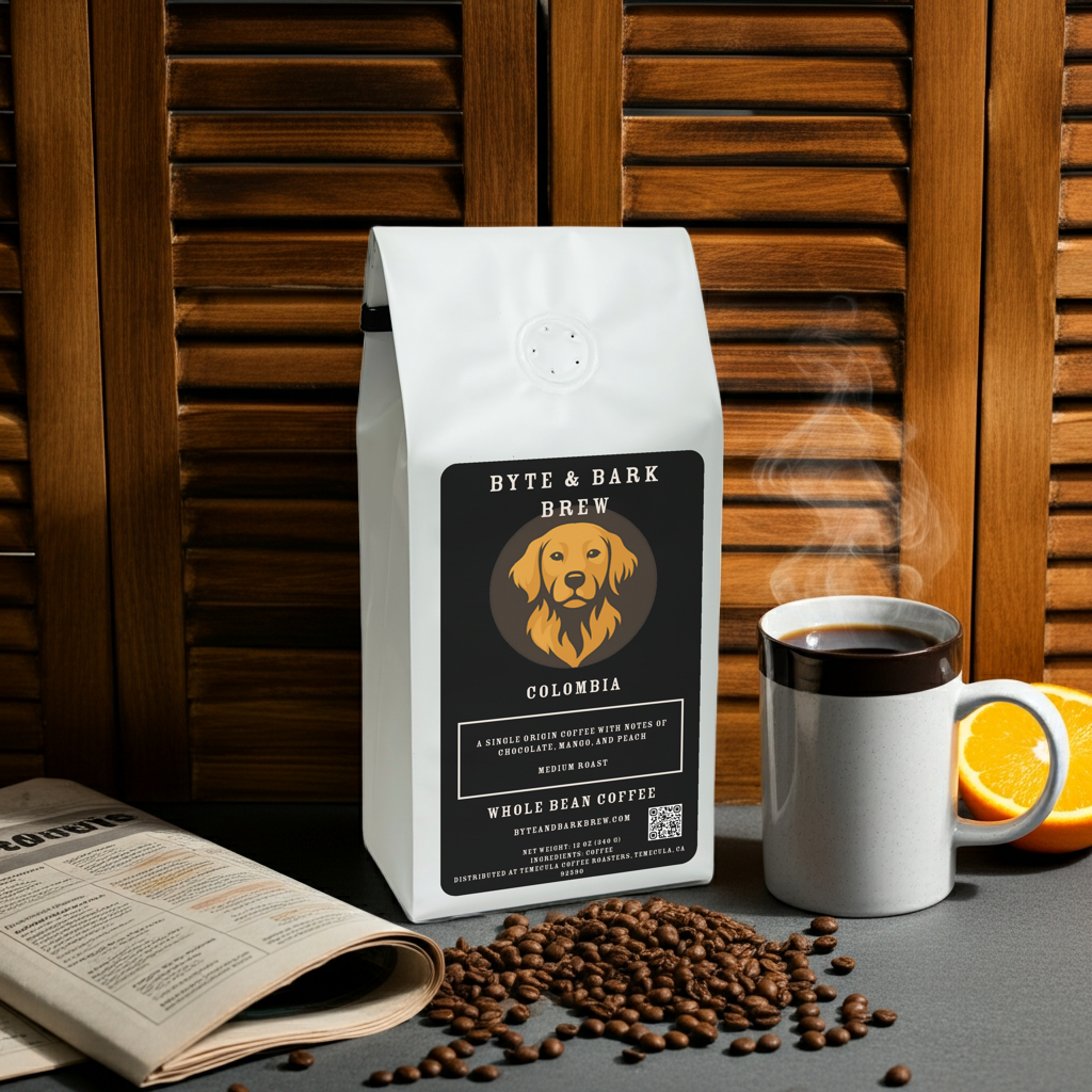 Bag of Byte & Bark Brew Colombia Single Origin coffee with whole beans, a newspaper, and a mug on a desk — the perfect start to the morning.