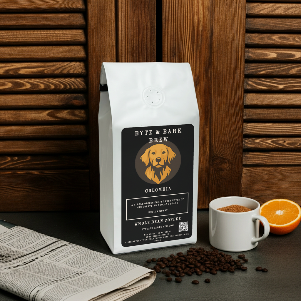 Bag of Byte & Bark Brew Colombia Single Origin coffee with whole beans, a newspaper, and a coffee mug on a desk — the perfect morning ritual for coffee lovers.