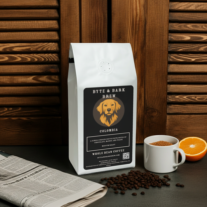 Bag of Byte & Bark Brew Colombia Single Origin coffee with whole beans, a newspaper, and a coffee mug on a desk — the perfect morning ritual for coffee lovers.