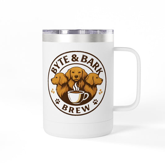 Custom white Byte & Bark Brew tumbler mug — sleek, durable, and designed for dog-loving coffee enthusiasts.