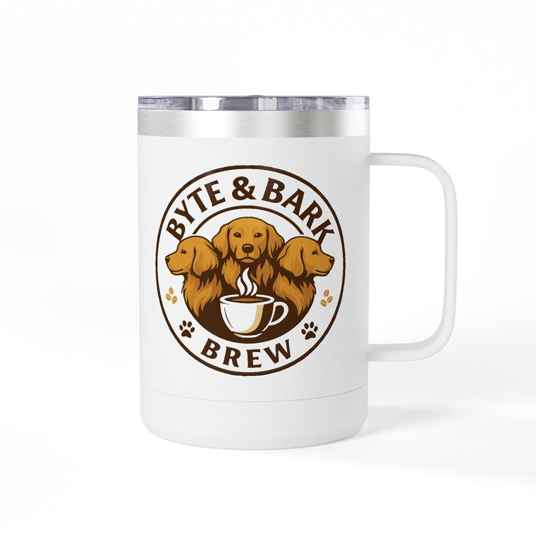 White insulated mug with clear lid and stainless rim showing Byte & Bark Brew® logo