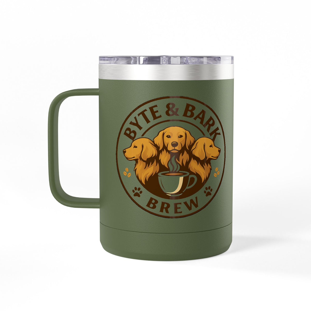 Green insulated mug with clear slide lid and Byte & Bark Brew® three-dog circular logo