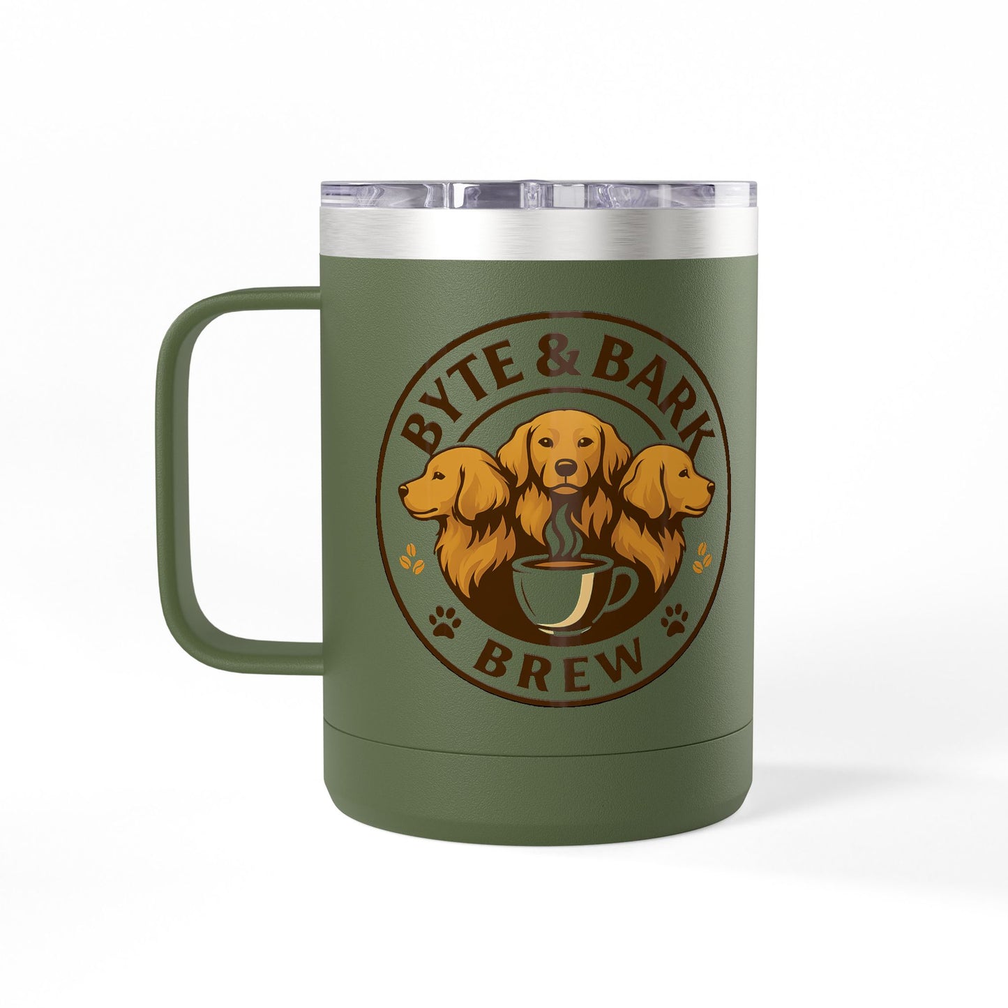 Left side view of the green Byte & Bark Brew coffee tumbler — durable, stylish, and perfect for daily coffee routines.