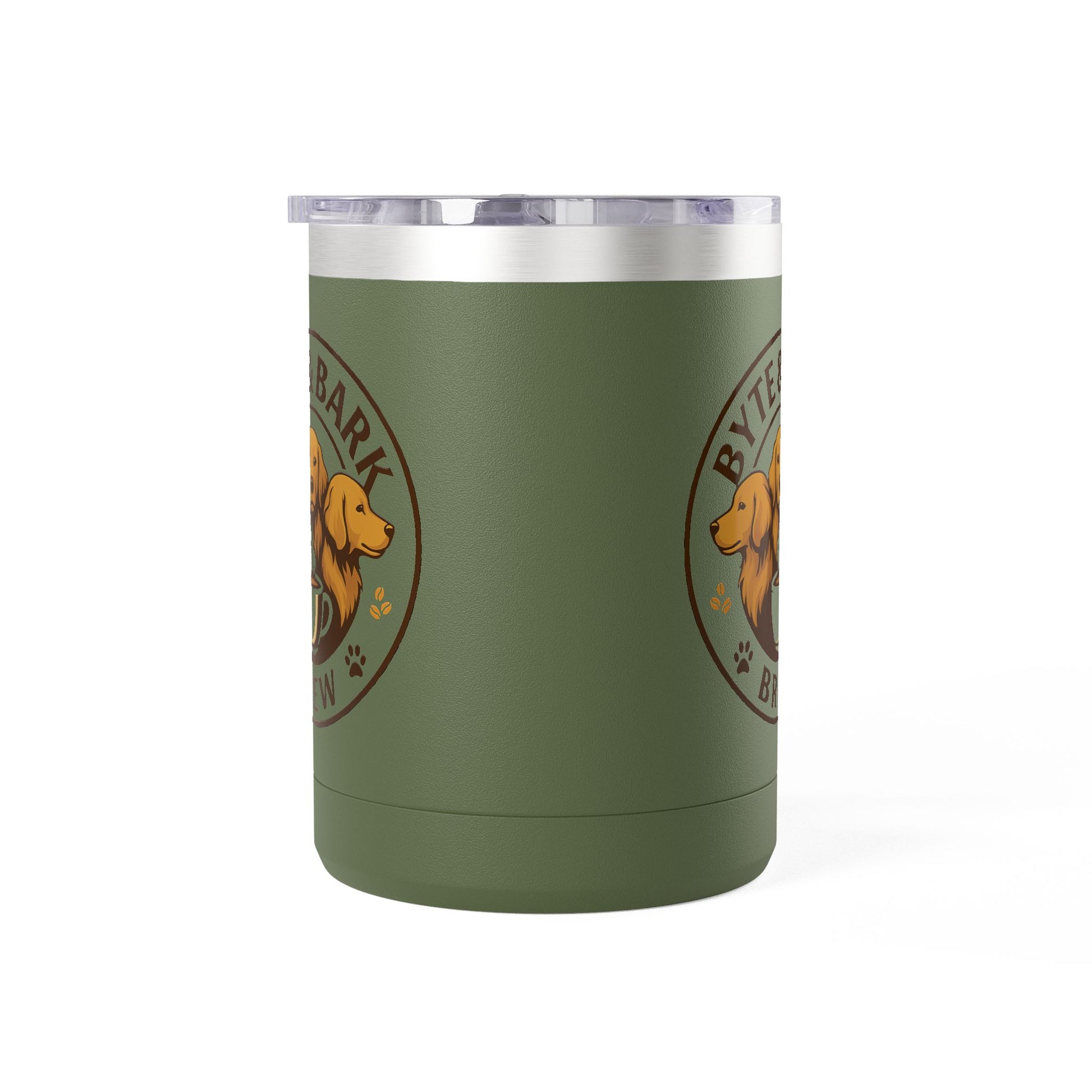 Green Byte & Bark Brew coffee tumbler — stylish, reusable, and made for dog-loving coffee enthusiasts.
