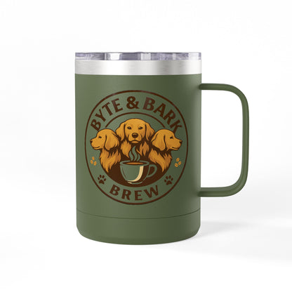 Green Byte & Bark Brew coffee tumbler — stylish, reusable, and made for dog-loving coffee enthusiasts.