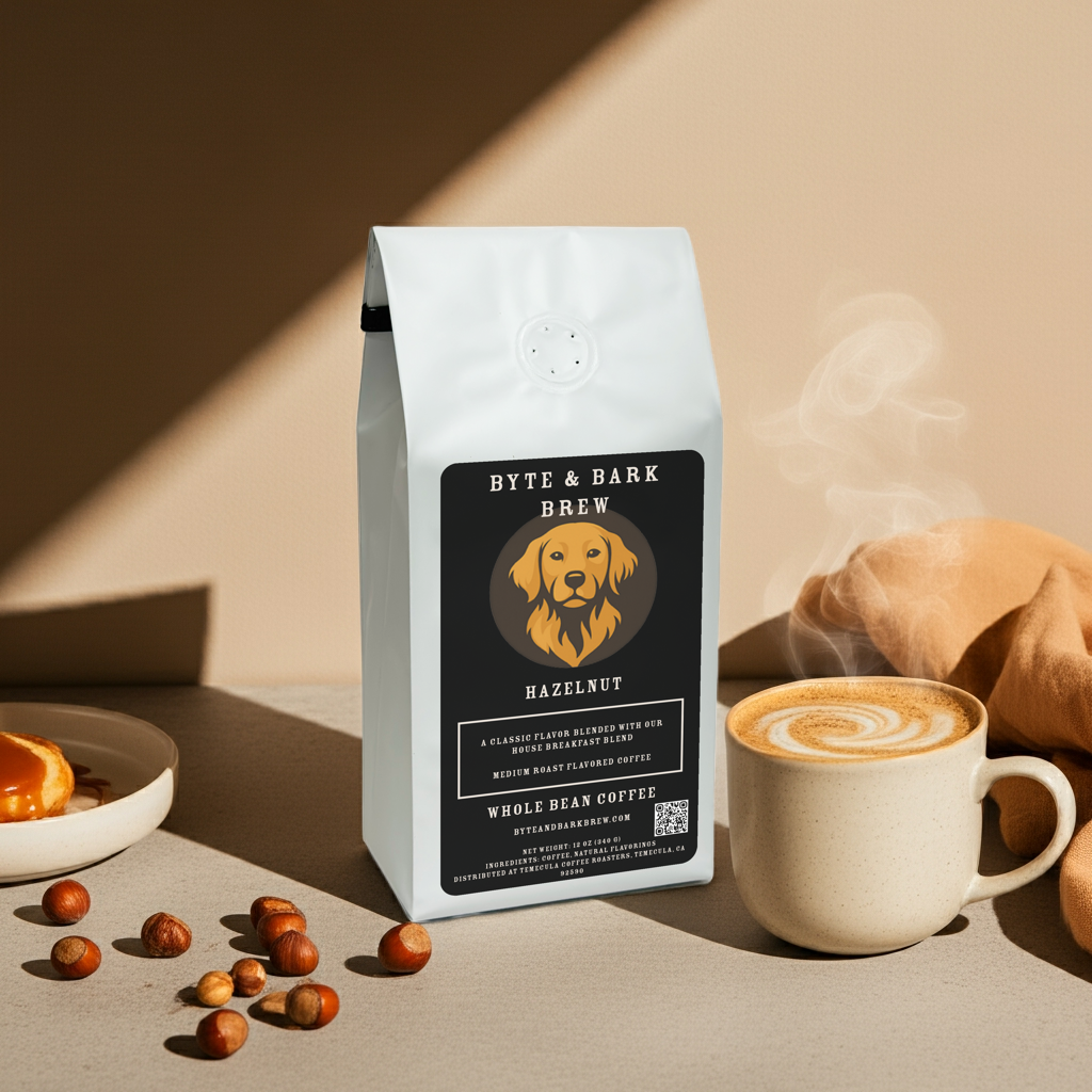 Byte & Bark Brew Hazelnut Whole Bean Coffee with spilled beans and pastries — a warm, inviting café moment captured at home.