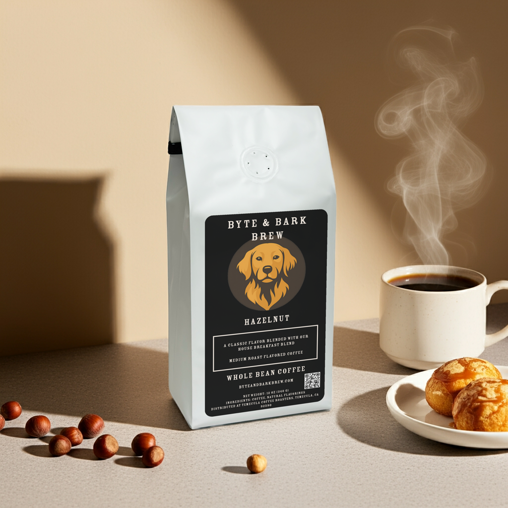 Hazelnut coffee beans and pastries on a table beside the Byte & Bark Brew bag — crafted for cozy mornings and sweet moments.