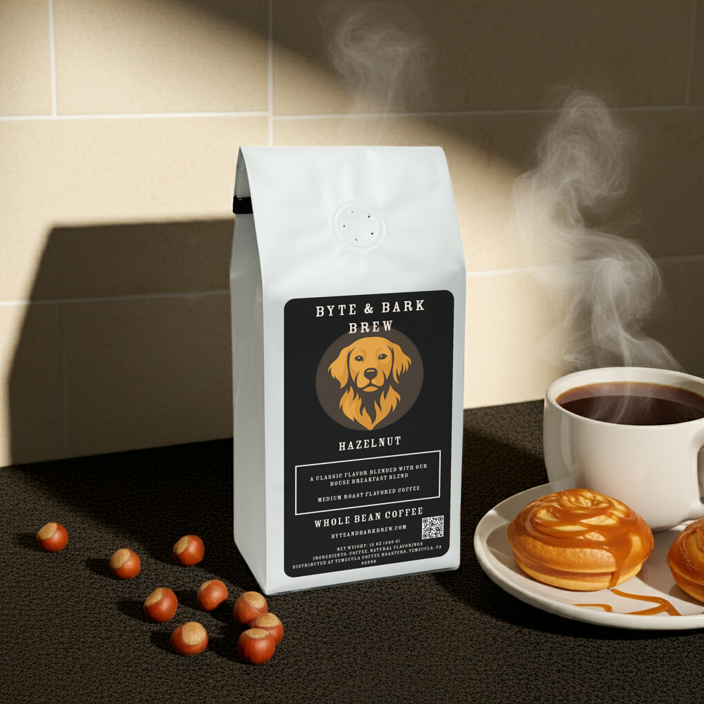 Pastries and Byte & Bark Brew Hazelnut Whole Bean Coffee on a wooden table — the perfect pairing for indulgent mornings.