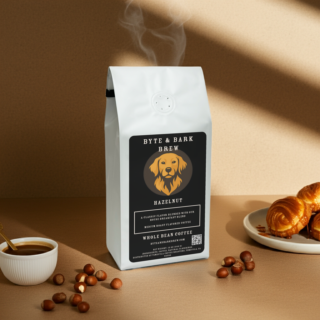 Byte & Bark Brew Hazelnut Whole Bean Coffee bag surrounded by fresh pastries — smooth flavor and comforting aroma in every sip.