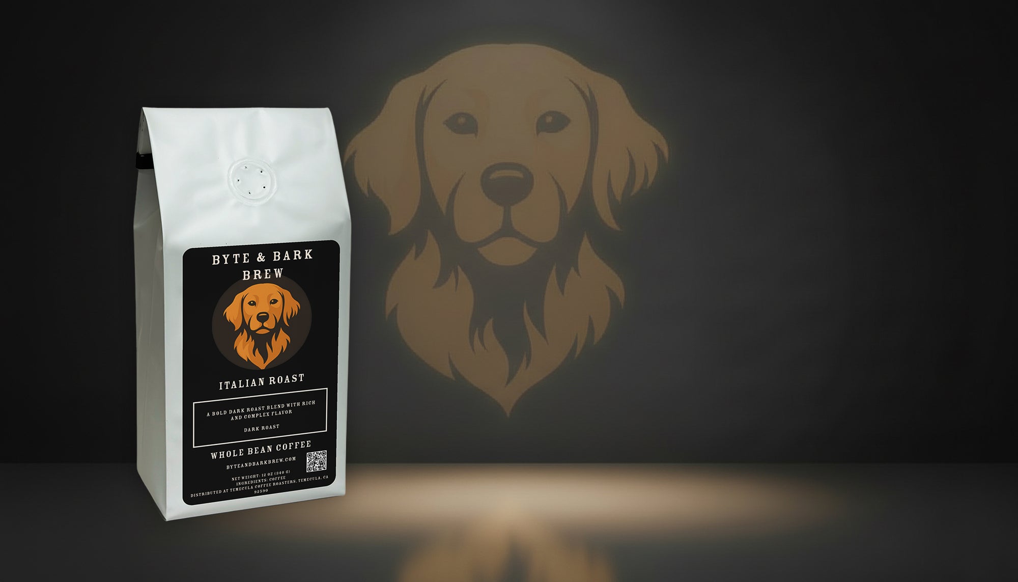 Coffee bag with a dog illustration on a dark background