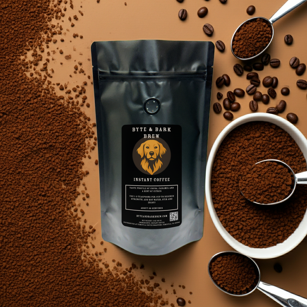 Byte & Bark Brew Instant Coffee bag surrounded by measuring spoons and spilled coffee grounds — showcasing freshness and flavor.