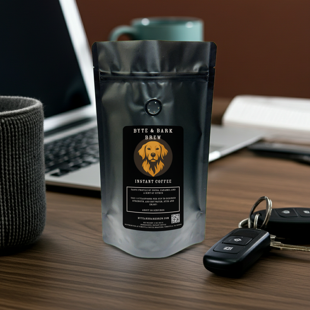 Bag of Byte & Bark Brew Instant Coffee next to a laptop and car keys — the perfect fuel for busy mornings and loyal companions.