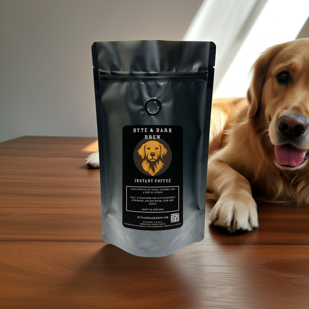 Bag of Byte & Bark Brew Instant Coffee, a smooth and convenient blend crafted for dog lovers.