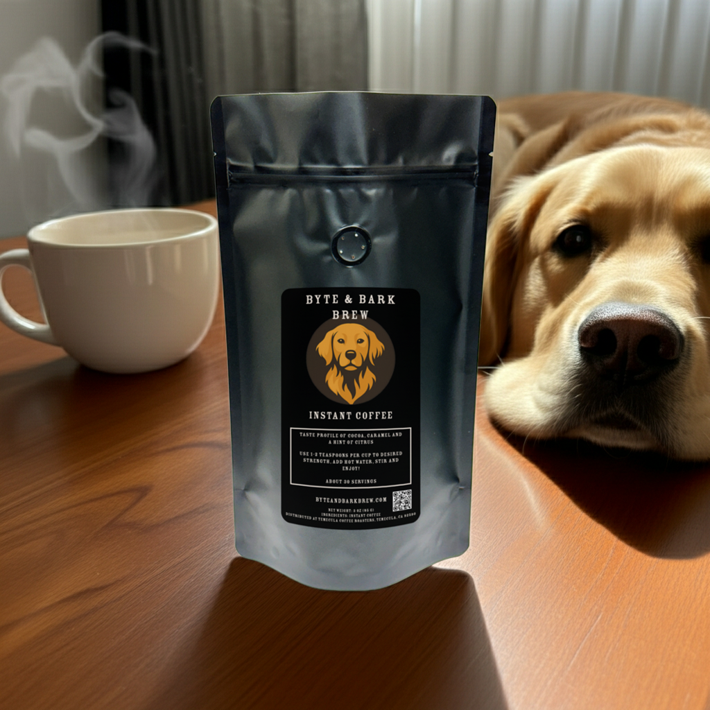 Golden retriever lying beside a bag of Byte & Bark Brew instant coffee, capturing the brand’s love for dogs and great coffee.