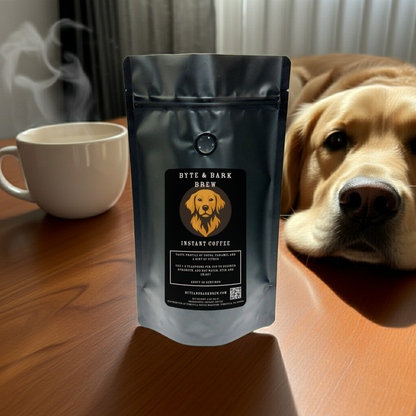 Golden retriever lying beside a bag of Byte & Bark Brew instant coffee, capturing the brand’s love for dogs and great coffee.