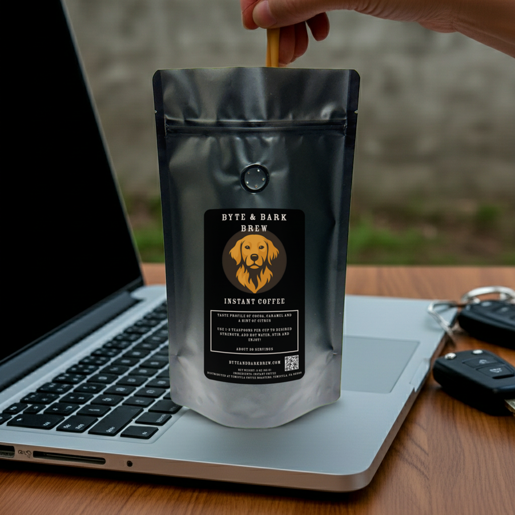 Bag of Byte & Dark Brew instant coffee on a laptop with a blurred outdoor background