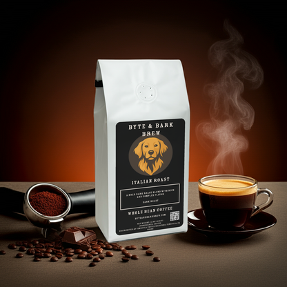 Byte & Bark Brew Italian Roast bag displayed with coffee beans, grounds, and a steaming cup — capturing warmth, aroma, and handcrafted quality.