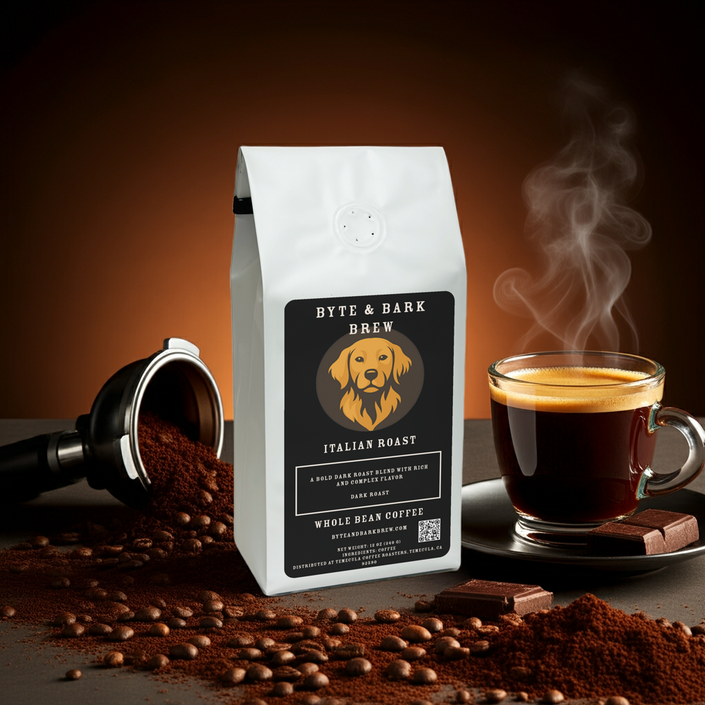 Bag of Byte & Bark Brew Italian Roast coffee surrounded by whole beans, coffee grounds, and a steaming cup — bold, rich flavor crafted for true coffee lovers.
