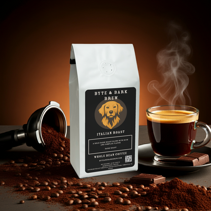 Bag of Byte & Bark Brew Italian Roast coffee surrounded by whole beans, coffee grounds, and a steaming cup — bold, rich flavor crafted for true coffee lovers.