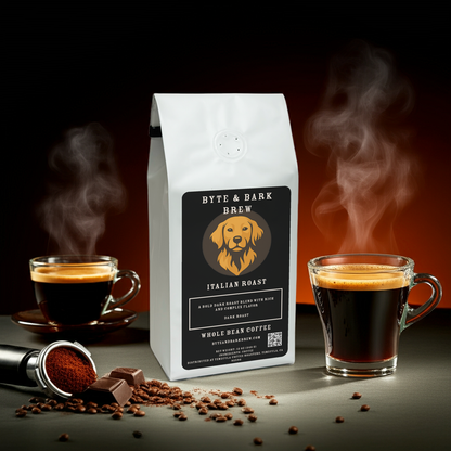 Byte & Bark Brew Italian Roast coffee bag with two steaming cups, coffee grounds, and chocolate — bold aroma and rich flavor for indulgent moments.