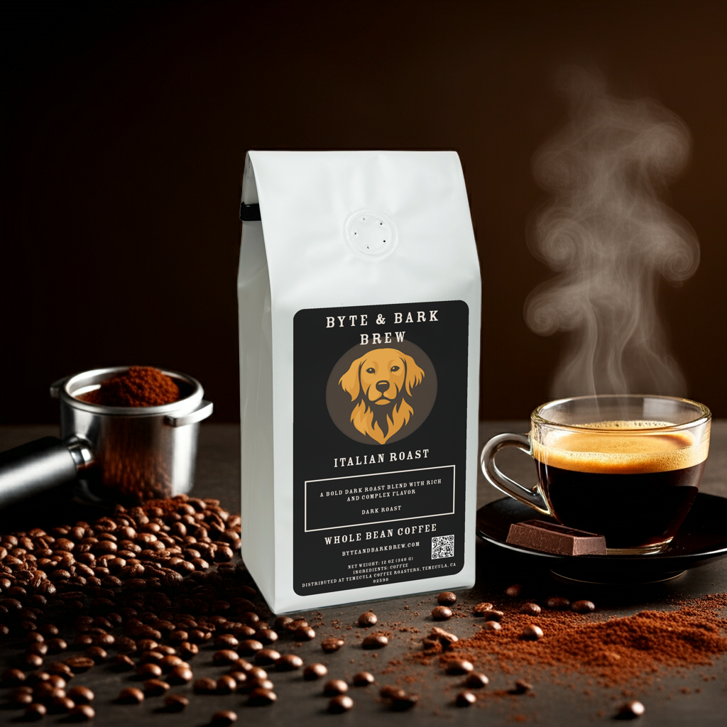 Bag of Byte & Bark Brew Italian Roast coffee with beans on a table, an espresso scoop, and a cup of freshly brewed coffee — bold and aromatic flavor for true coffee lovers.
