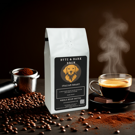 Bag of Byte & Bark Brew Italian Roast coffee with beans on a table, an espresso scoop, and a cup of freshly brewed coffee — bold and aromatic flavor for true coffee lovers.