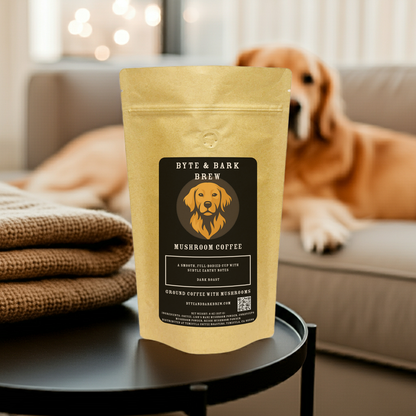Golden retriever relaxing on a couch behind a Byte & Bark Brew coffee bag on a table with a blanket — capturing comfort, warmth, and connection.