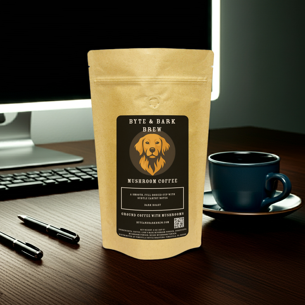 Bag of Byte & Bark Brew Mushroom Coffee on a desk with a computer monitor and a cup of coffee — crafted for focus and productivity.