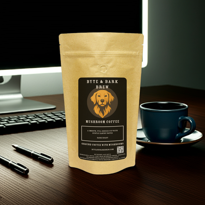 Bag of Byte & Bark Brew Mushroom Coffee on a desk with a computer monitor and a cup of coffee — crafted for focus and productivity.