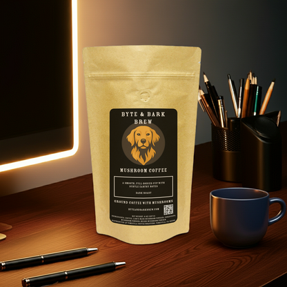 Workspace scene featuring Byte & Bark Brew Mushroom Coffee Dark Roast on a computer table with a notepad and cup of coffee — the perfect brew for focus and flow.