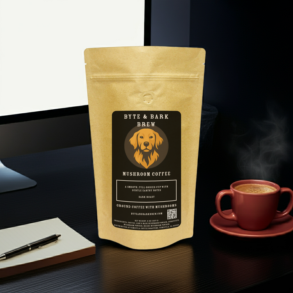Bag of Byte & Bark Brew Mushroom Coffee Dark Roast on a computer desk with a monitor, notepad, and coffee cup — fueling focus and creativity.
