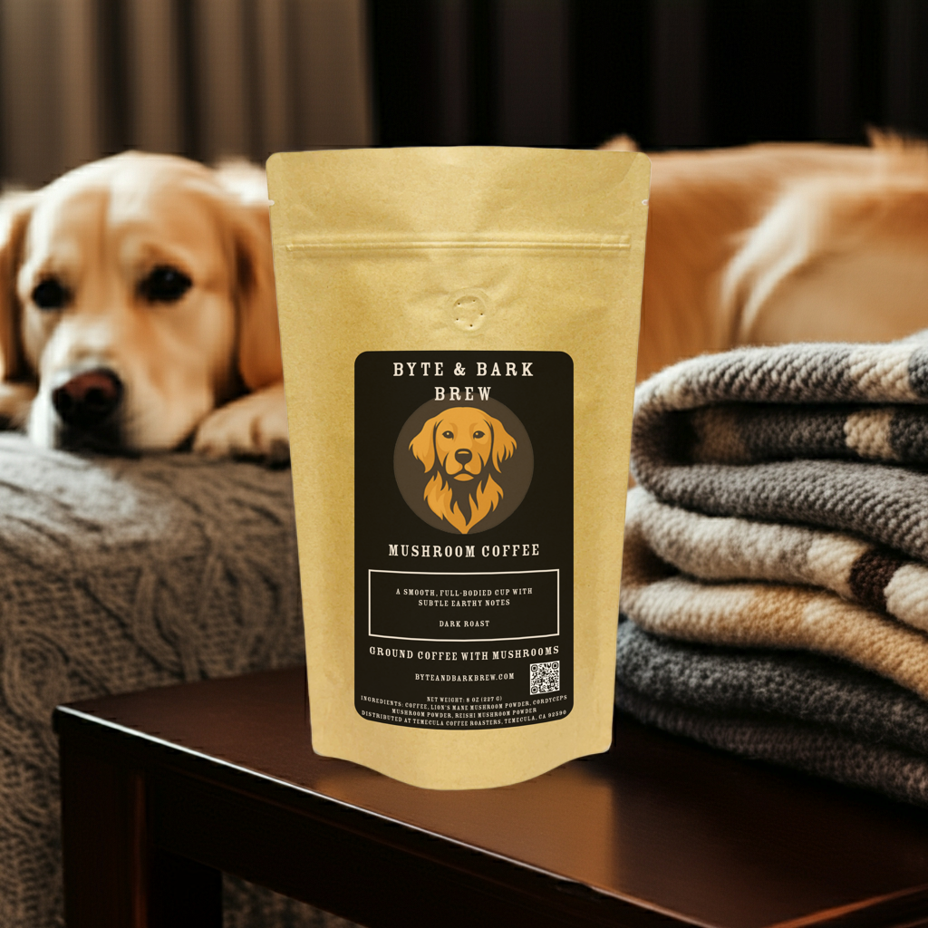 Byte & Bark Brew mushroom coffee package on a table with a dog in the background