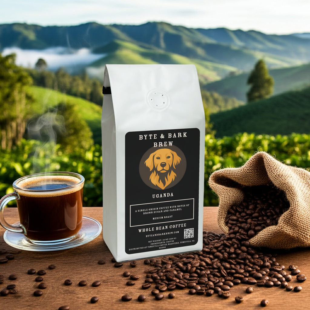 Byte & Bark Brew coffee package with a cup of coffee and spilled beans against a scenic background