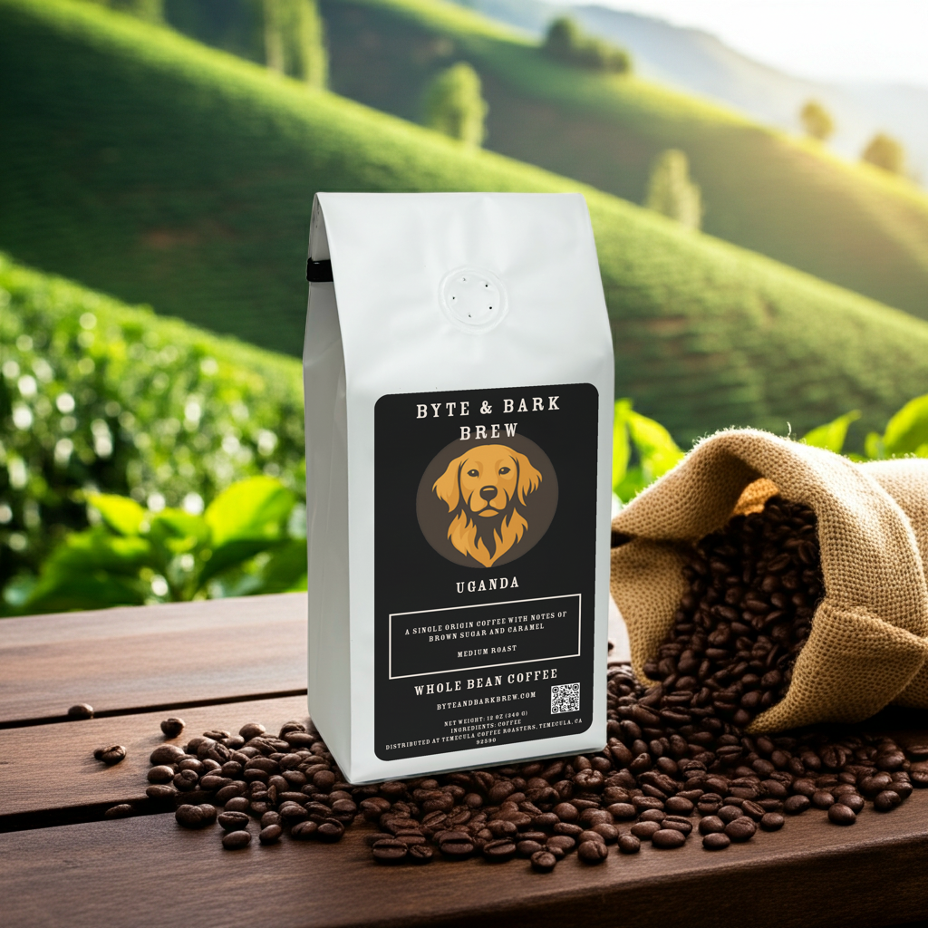 Alternate angle of Byte & Bark Brew Uganda Single Origin coffee bag with spilled beans and cup — showcasing freshness and scenic mountain origin.