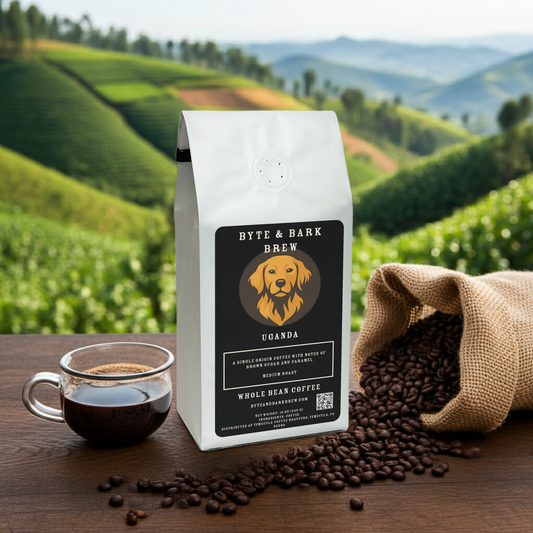 Byte & Bark Brew Uganda Single Origin coffee bag with spilled beans and a steaming cup of coffee on a mountainside — bold flavor from the heart of Africa.