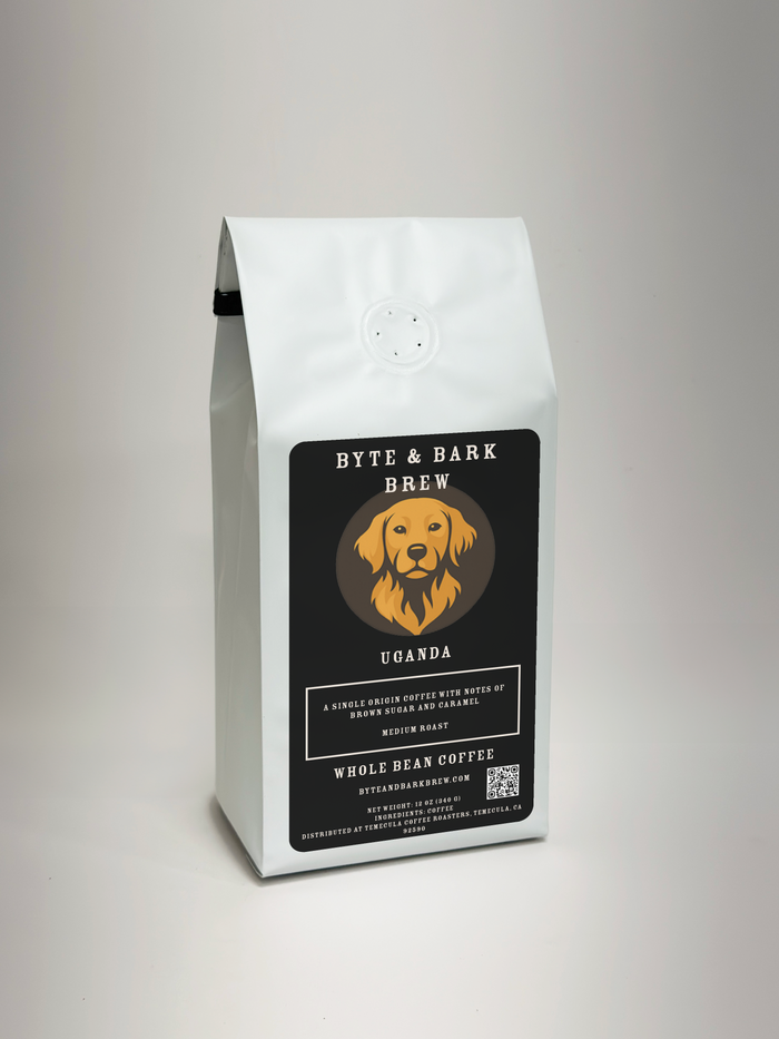 Byte & Bark Brew Uganda Single Origin coffee bag on a white background — bold, smooth flavor sourced from the mountains of Uganda.