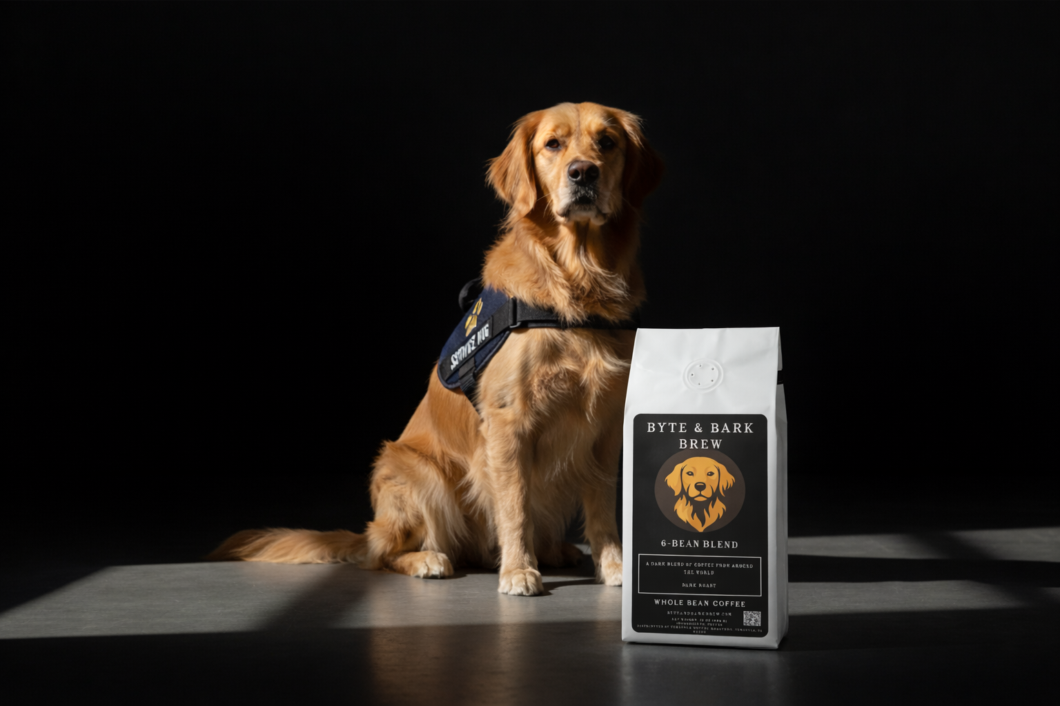 Golden retriever service dog sitting beside Byte & Bark Brew 6-Bean Blend coffee bag