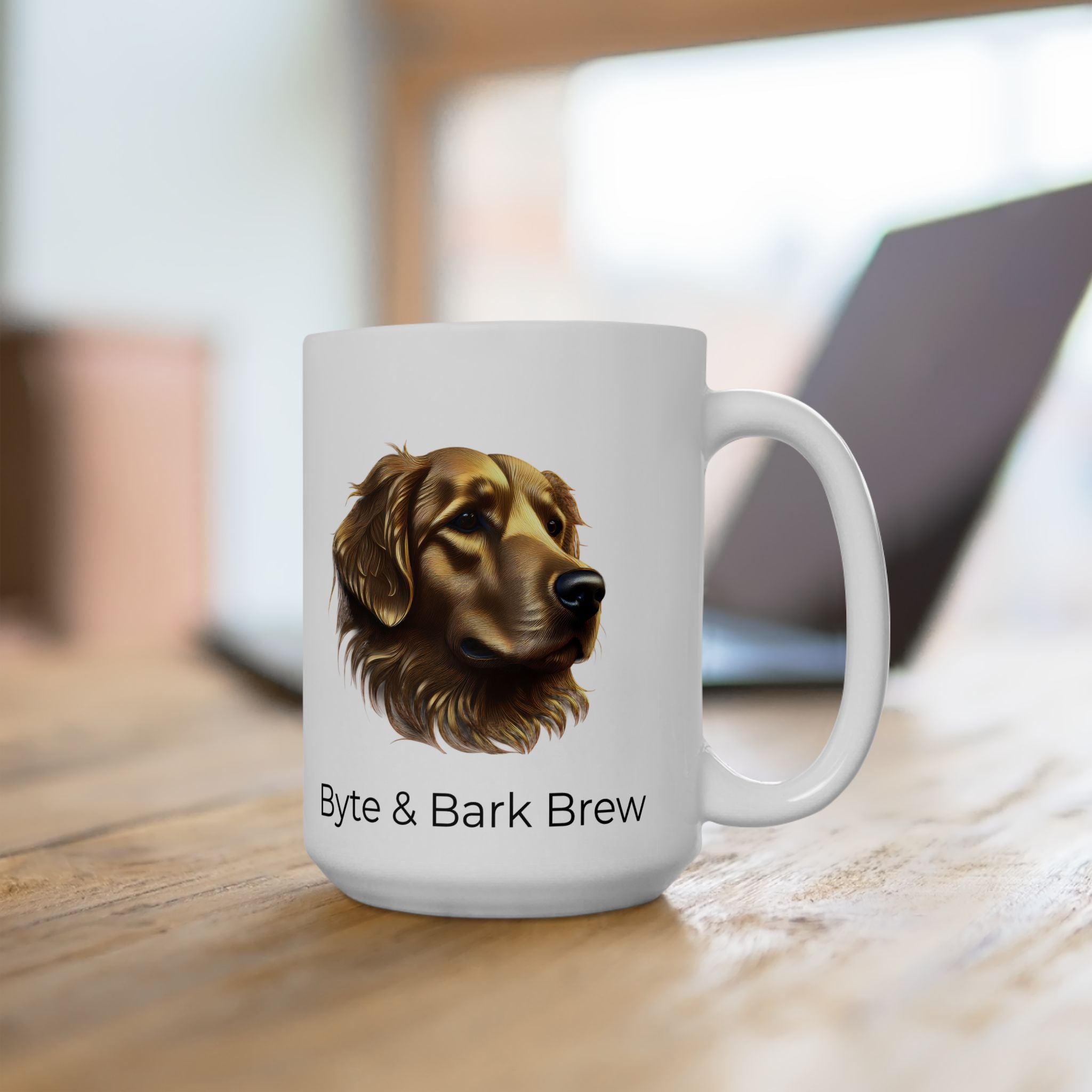 White mug with a dog illustration and 'Byte & Bark Brew' text on a wooden surface.