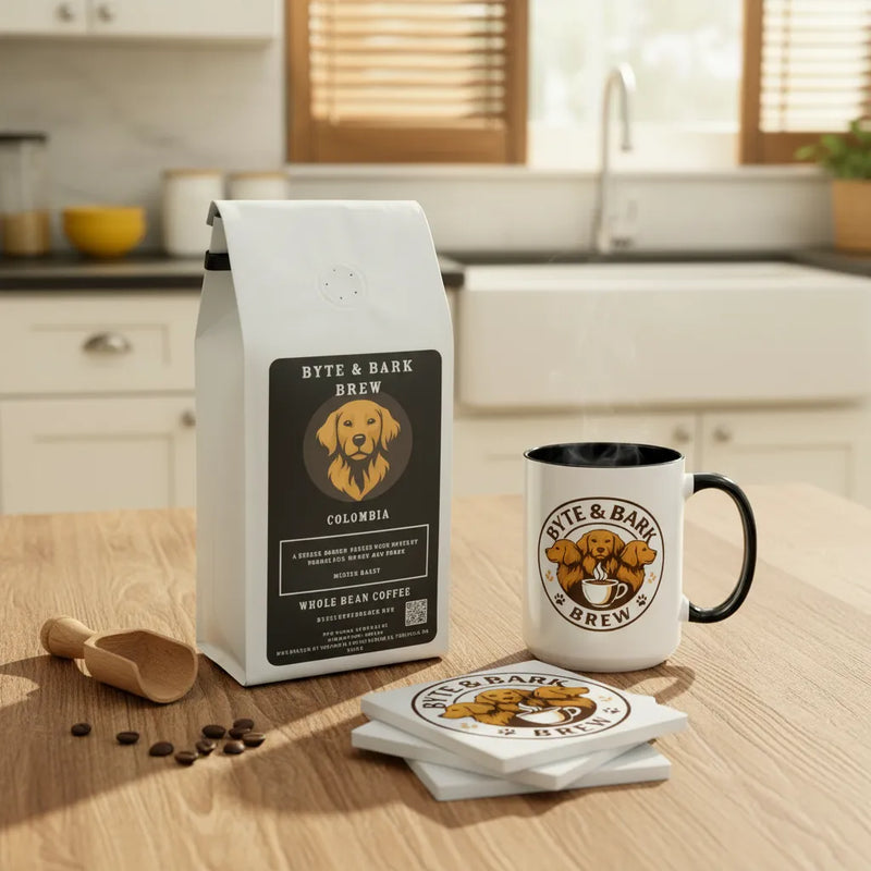 Byte & Bark Brew coffee packaging, mug, and coasters on a kitchen counter.