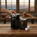 Person using a Keurig coffee maker on a wooden table with a dog in the background